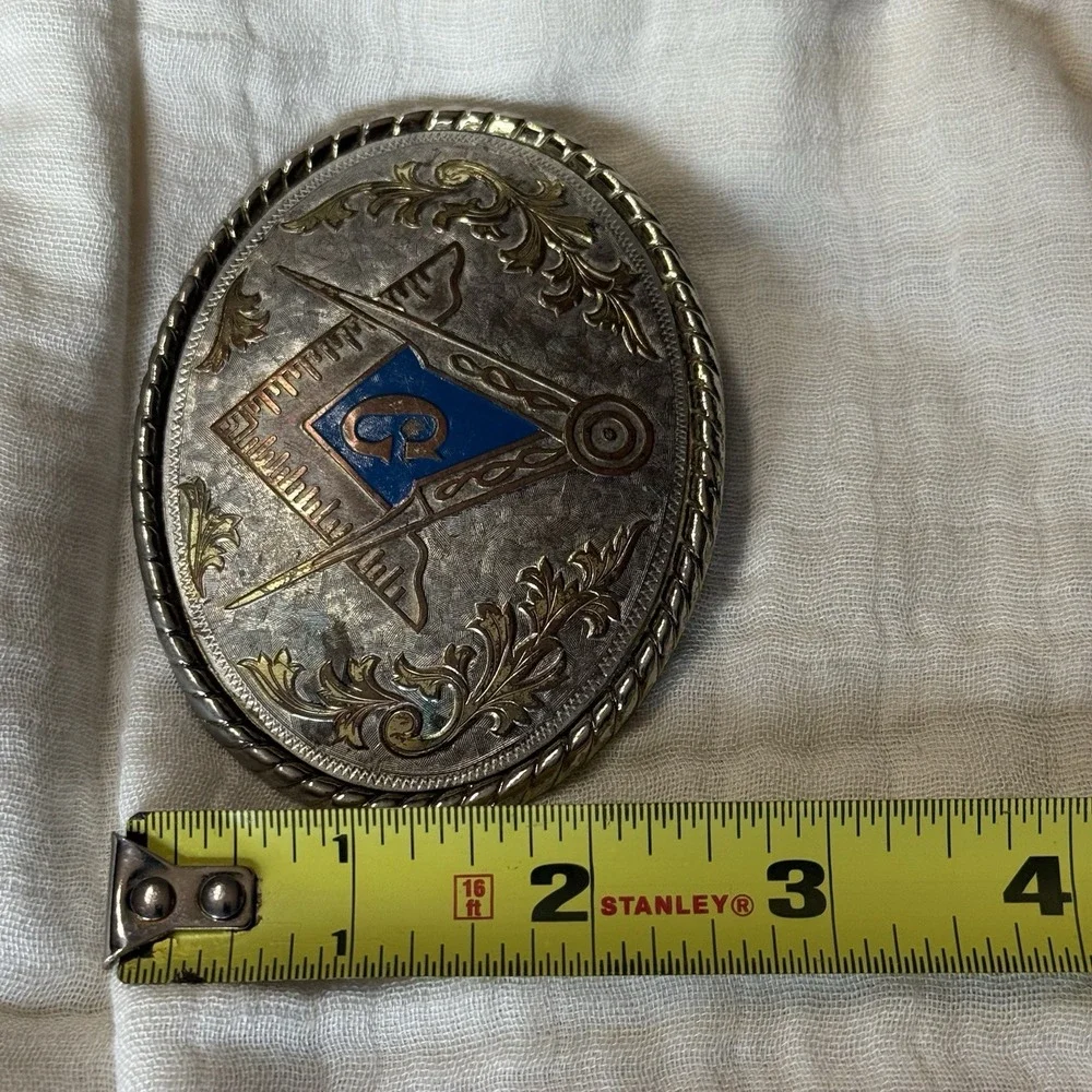 VTG Masonic Belt Buckle Freemason Square Compasses Blue Enamel Western Made USA
